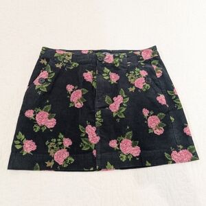 Wild Fable Black Mini Corduroy Skirt with Pink Floral Design